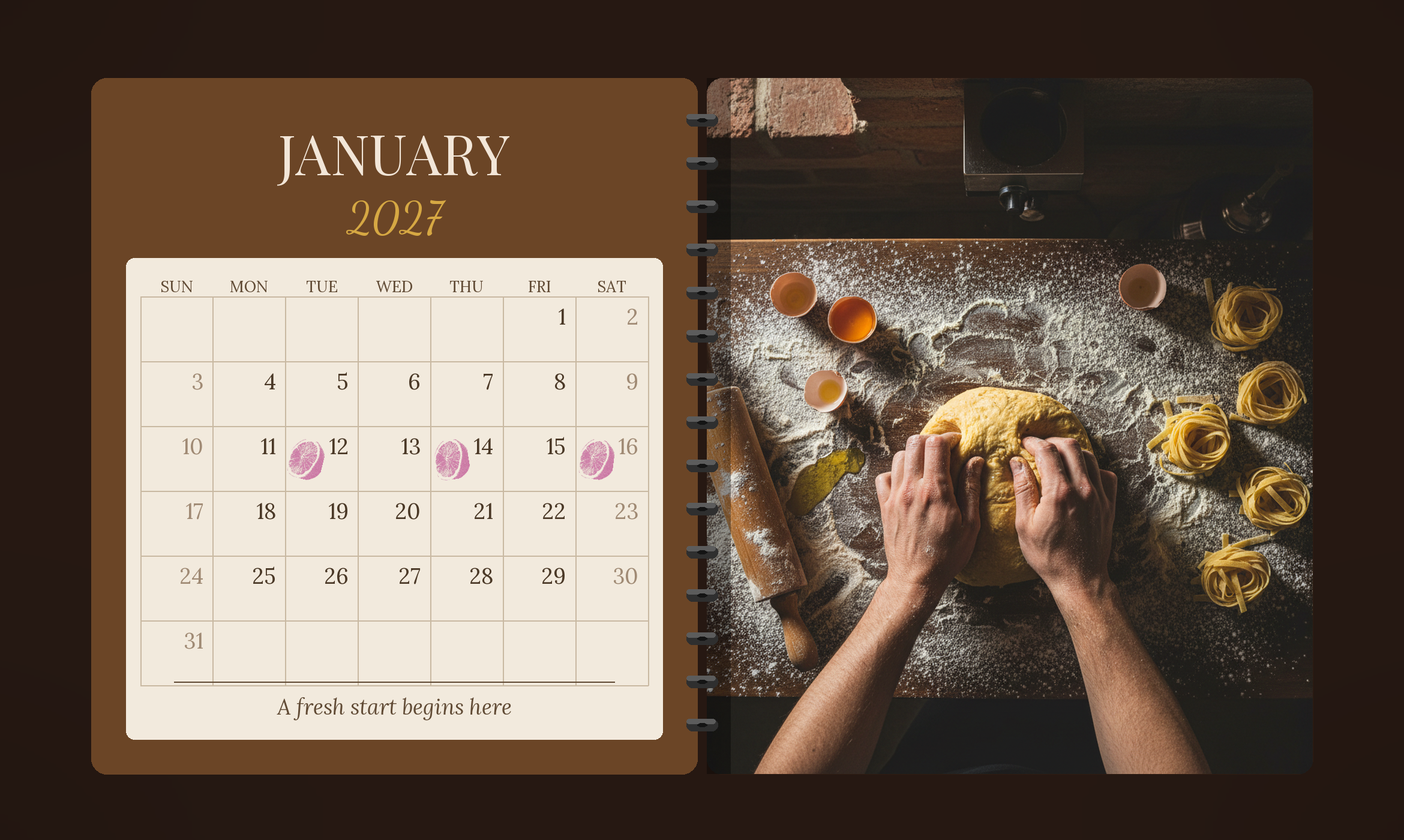 Inside the member booklet: the January 2027 stamp calendar and the fresh pasta page